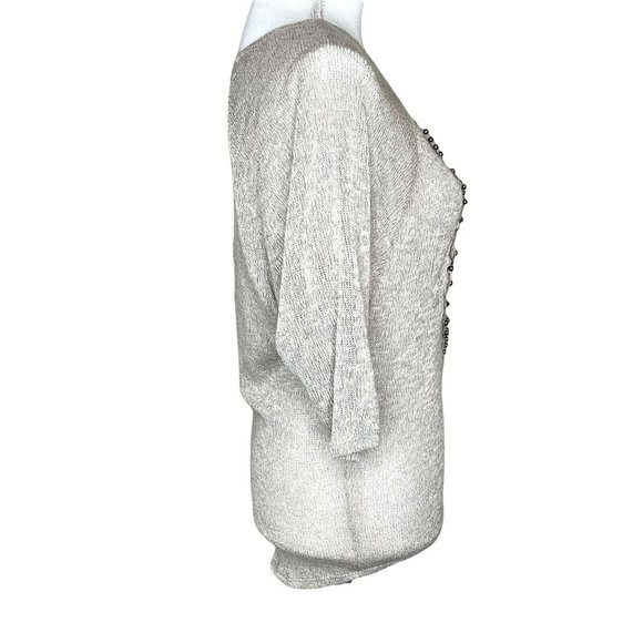 SJS Owl Print Embroidered Sweater 3/4 Wide Sleeves Size Medium Tan - Picture 3 of 9